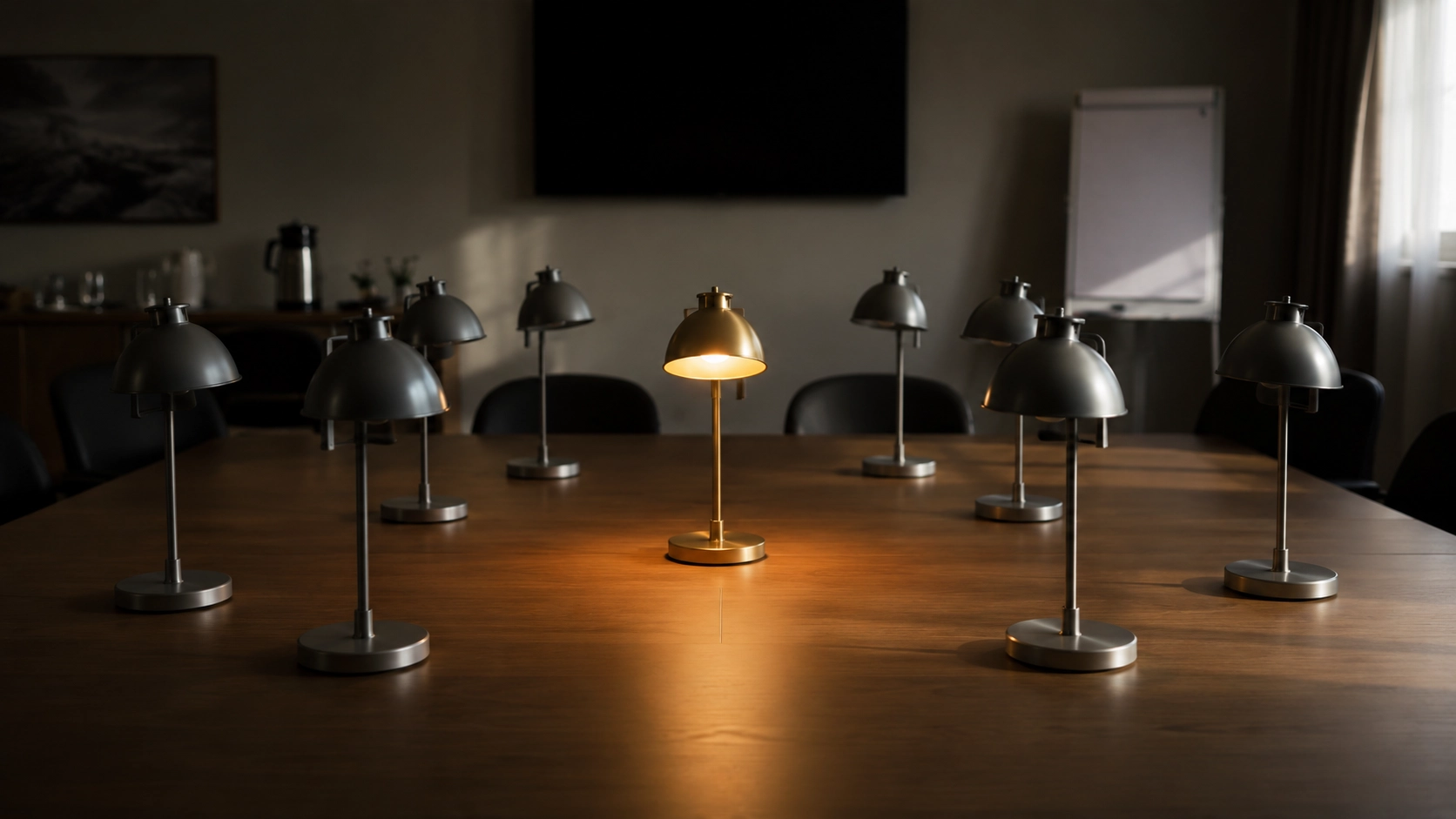 Une lampe dorée illuminée au centre d'une table de codir, entourée de neuf lampes éteintes — métaphore de la sélection du leader qui désactive le groupe