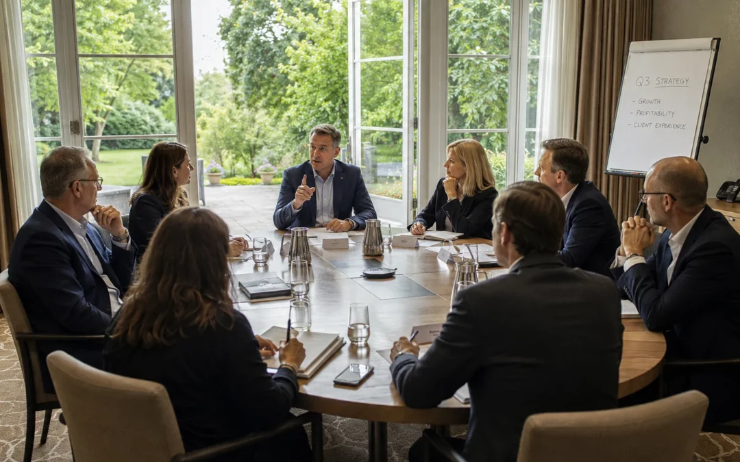Comité de direction réuni autour d'une table ovale dans une salle de séminaire d'hôtel, CEO levant l'index en parlant aux sept autres dirigeants